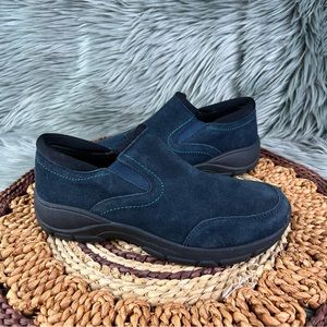 Lands End Sz 8 Women Navy Blue Suefe Leather All Weather Moc Slip On Shoes